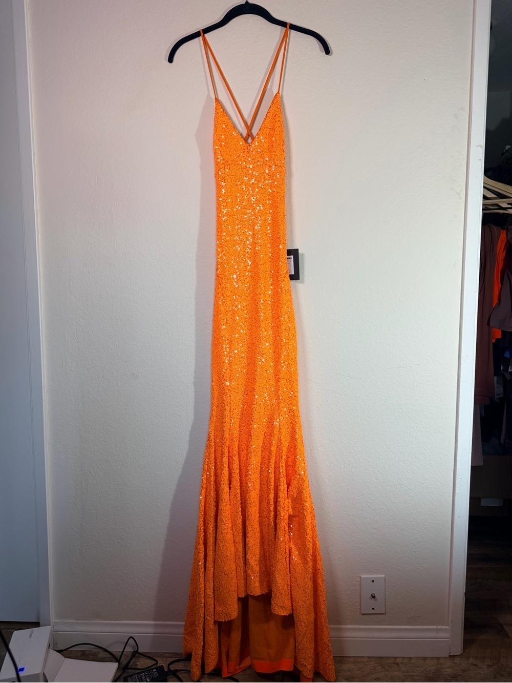 Norma Kamali Sequin Low Back Mermaid Gown Neon Orange XS NWT $595 - Picture 13 of 14